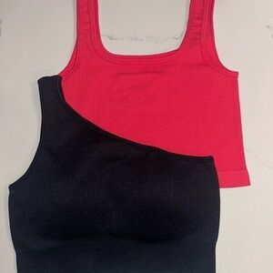 Ribbed One-Shoulder & Square-Neck Crop Top Set - Black & Hot Pink